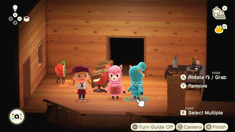Villagers posing together in an Animal Crossing vacation home